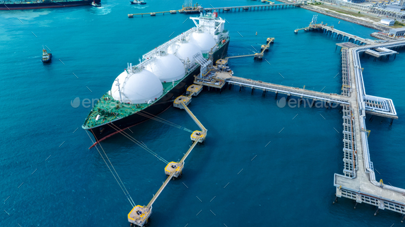 LNG Liquified Natural Gas Tanker Anchored In Gas Terminal Gas Tanks